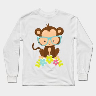 Hipster Monkey, Monkey With Glasses, Flowers Long Sleeve T-Shirt